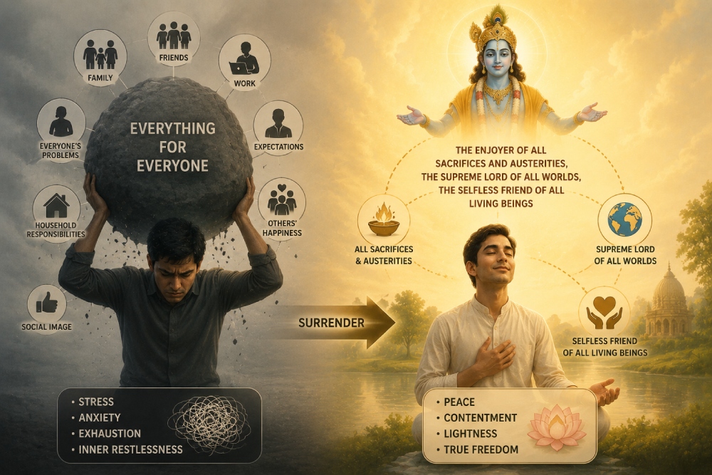 a man letting go of life burdens and trusting Krishna for inner peace